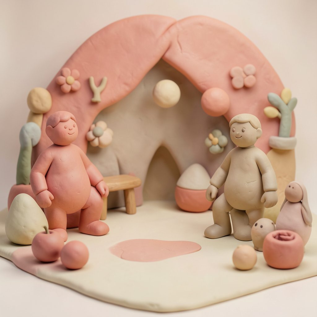 Weich modellierte Szene mit rundlichen Figuren und Dekoration in warmen Pastellfarben