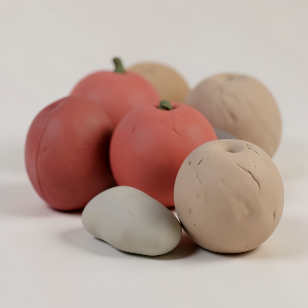 Weich modellierte Szene aus rundlichen Clay-Formen in Rosé-, Creme- und Senftönen, die an aufgeschlagene Magazinseiten und kleine Deko-Objekte erinnert