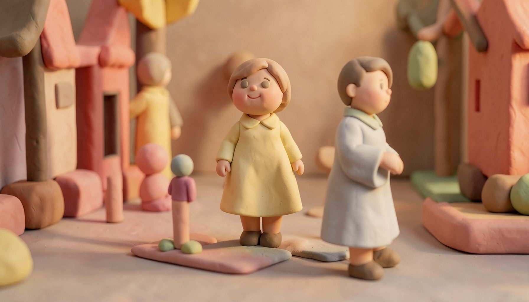 Weich modellierte Straßenszene mit rundlichen Figuren in pastellfarbener Kleidung, warmes Licht und sanfte Schatten